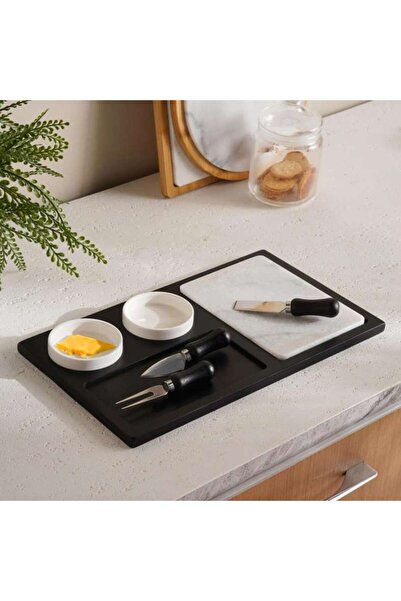 PAN HOME طقم تقديم الجبن من ناتورا مكون من 7 قطع 40×23×3 سم - أسود وأبيض