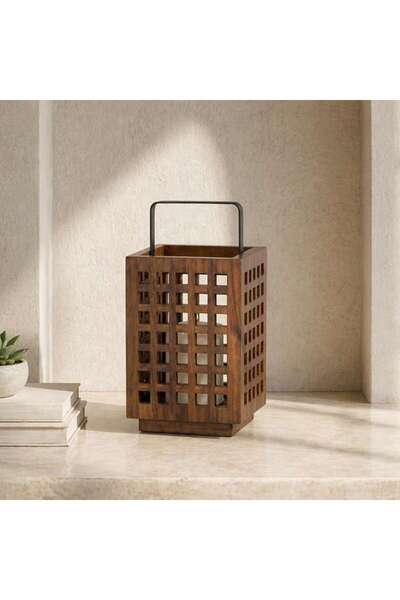 PAN HOME Zaya Acacia Wood Latticed Lantern 22x17x34cm -walnut