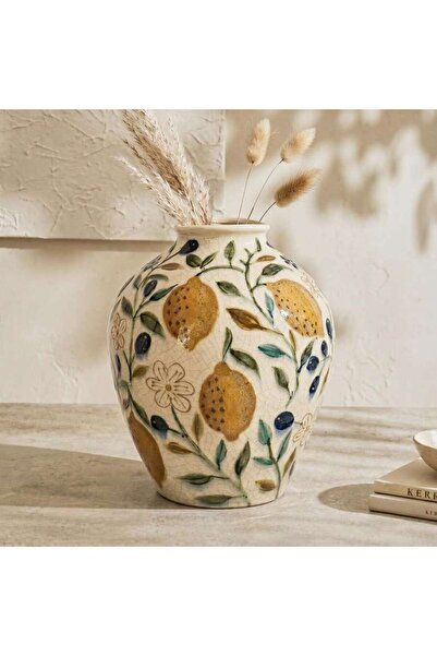 PAN HOME Yuzu Stoneware Lemon Handpainted Vase 23x23x28cm - Cream