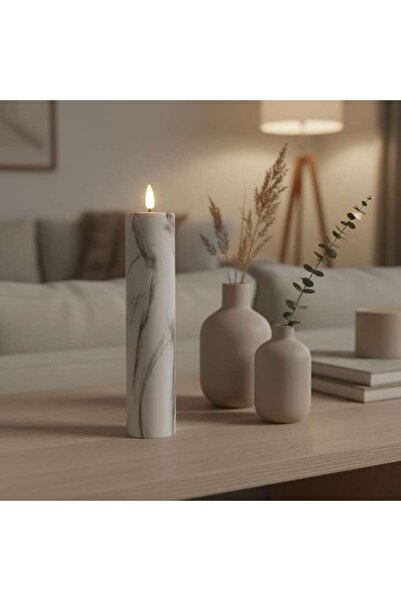 PAN HOME Marbella Led Marbled Pillar Candle Dia5x21cm - White