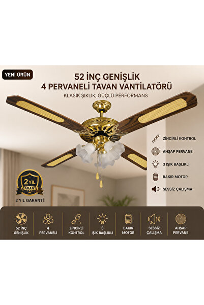 SUPER JVS Ahşap Tavan Vantilatörü Tavan Pervanesi Ahşap 4 Kanat 52 İnç 130 Cm...