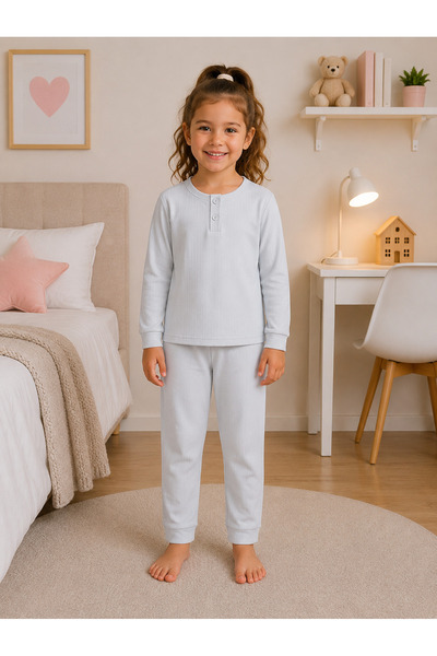 elmas kids Κοριτσίστικο 100% βαμβακερό ριμπ Basic Ice Blue Σετ χειμωνιάτικο μ...