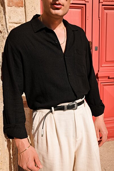 no7man Italian 100% Linen Black Men's Shirt