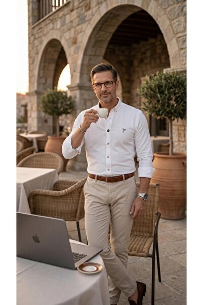 MEGALDİ Erkek Slim Fit Beyaz Kahverengi Düğmeli Likralı Esnek Uzun Kollu Gömlek