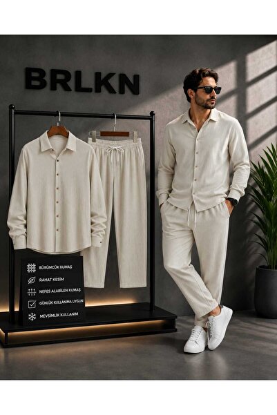 BRLKN Boyfriend Fit Seersucker Alaçatı Unisex Bürümcük Shirt Tracksuit Set