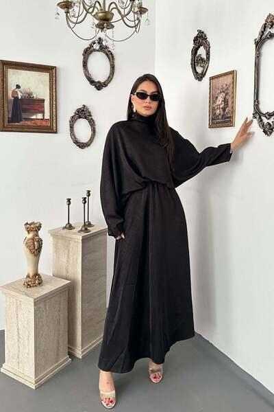 Elbee Fashion Woman Μαύρο σατέν φόρεμα ζακάρ