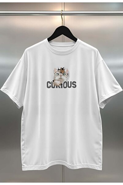 buzagi Curious Cat Curious Oversize Digital Printed White T-Shirt