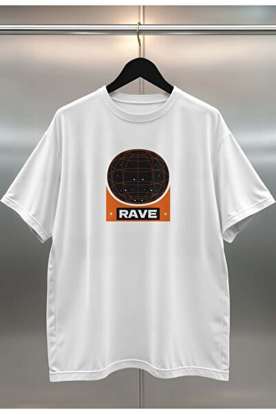 buzagi tasarım ürünleri Rave World Digital Print Oversize Unisex White T-Shirt