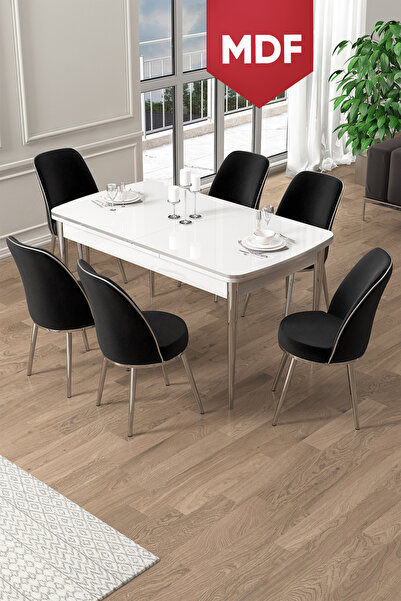 Canisa Pale Serisi 80x132 MDF Açılabilir Beyaz Mutfak Masa Takımı 6 Siyah San...