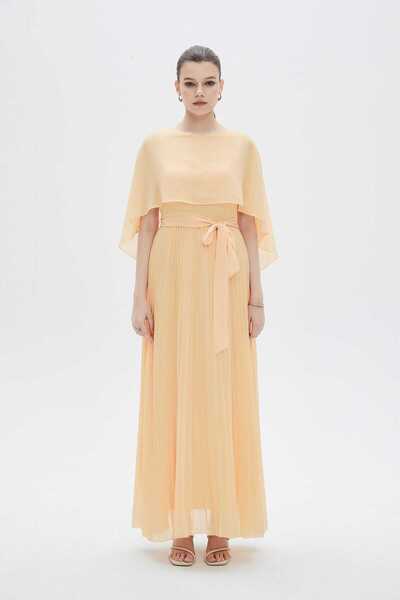 mica Women's short cap-sleeve pleated maxi dress with round neck