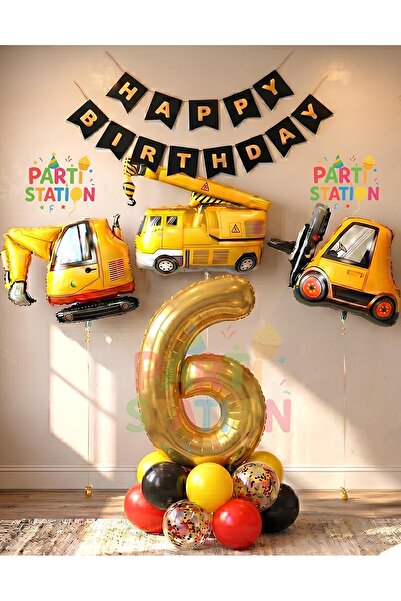 Parti Station İş Makinaları İnşaat Parti 6 Yaş Balon Set Kepçe Balon Vinç Bal...