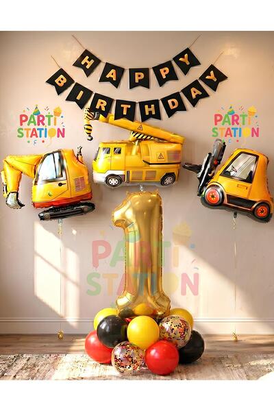 Parti Station Iş Makinaları Inşaat Parti 1 Yaş Balon Set Kepçe Balon Vinç Bal...
