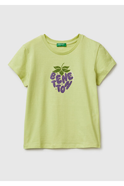 United Colors of Benetton Kız Çocuk Sarı Simli Logolu Bisiklet Yaka T-Shirt