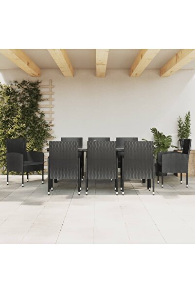 Concept Set mobilier de grădină, 9 piese, negru, poliratan și oțel