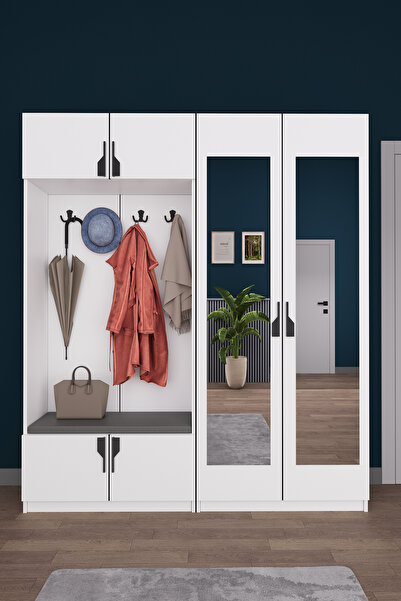 asratrend Lüks Aynalı Portmanto Askılı Vestiyer %100 MDF Çok Raflı Ayakkabılı...