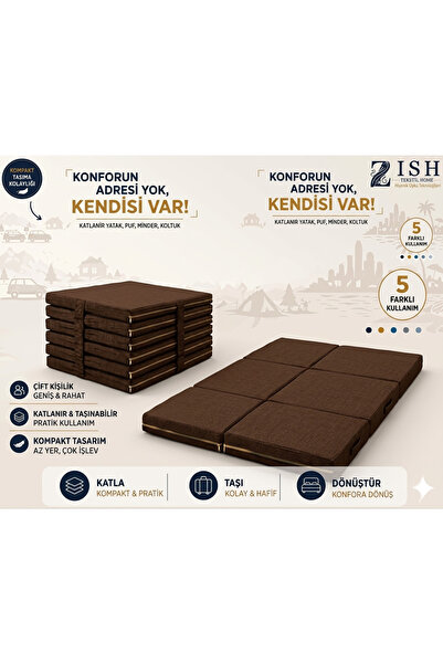 zishtekstil Multipurpose 5 in 1 Kahverengi Çift Kişilik Katlanır Süngerli Mis...