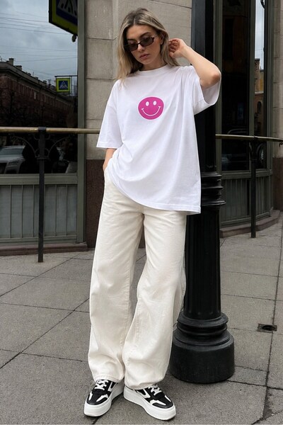 Madmext Weißes bedrucktes Oversize-Damen-T-Shirt mit Rundhalsausschnitt