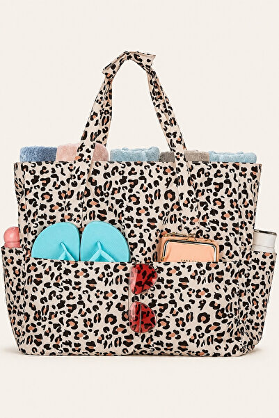 woys 🌞 Premium Büyük Boy Leopar Desenli Kadın Plaj Çantası | Su Geçirmez, Ço...