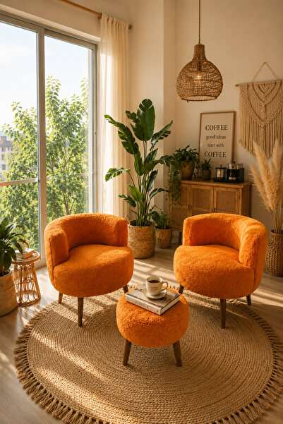 WEBPANYA Çay Seti Ikili Koltuk Berjer Ve Puf Takımı turuncu teddy (SALON, BAL...