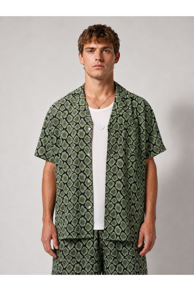 WAUER Yeşil Yılan Derisi Desen Oversize Erkek Gömlek