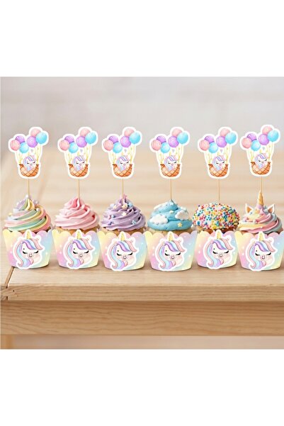 gökçem 12 li Unicorn Temalı Cupcake Süsü Kürdan Süs Topper