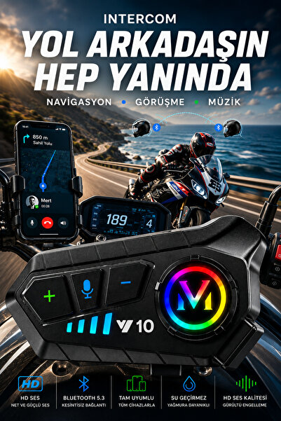 Zineets V10 MAX 5.3 Motosiklet Kask Kulaklık Intercom Işıklı RGB Motorsiklet ...