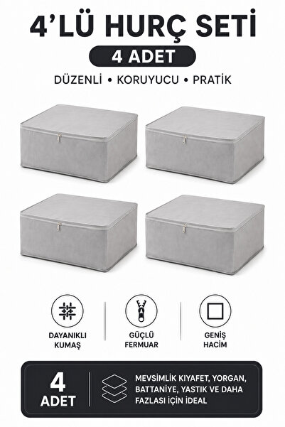 Soft Kare 4'Lü Büyük Boy Baza Altı Hurç Seti – Fermuarlı Kumaş Saklama Organi...