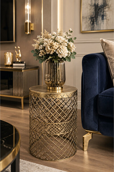 VENON Çap 35 Cm || Home Metal Modern Sehpa (350X480) Siyah Sarı Patine Dekora...