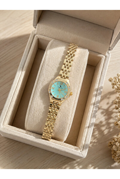 Boris Accessory Women's Stone-Studded Gold Watch – Blue Dial Elegant Wristwat...