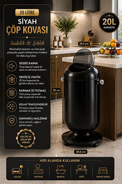 ADEFCO 20 LT Tekerlekli Çöp Kovası Kapaklı Modern Tasarım Çıkarılabilir Hazne...