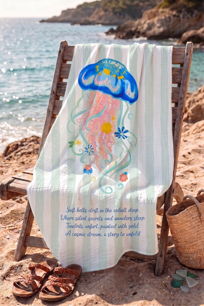 Tuğba Kuğu 100% Cotton 4 Layer Muslin Beach Towel - Mint Jellyfish