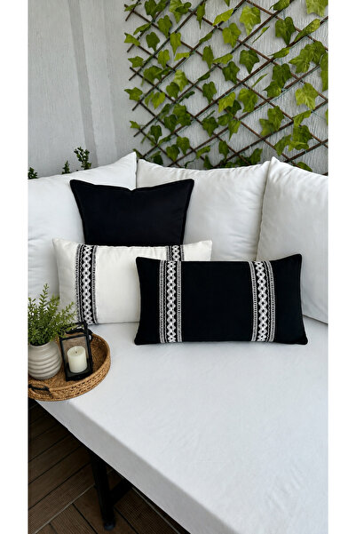 Decamor home Set de huse de pernă alb-negru din 3 piese cu scoici și ciucuri ...