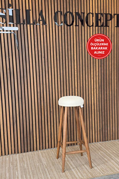 silla Bar Tabure Teddy Krem Kumaş Ceviz Ahşap Ada Taburesi