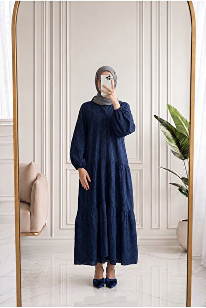MİHRA STORE Asude Brode Pattern Half-Patch Dress-Pe600 Navy Blue