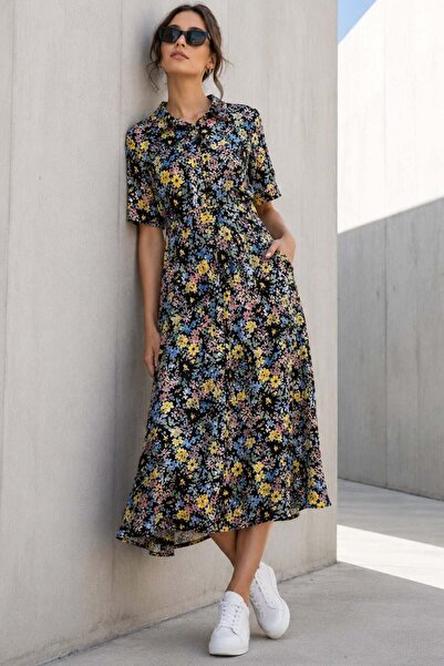 Madmext Rochie midi neagră cu imprimeu floral și guler tip cămașă MG1821