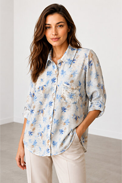 bihan store Women's Floral Patterned Stone Embellished Pocket Detailed Shirt ...