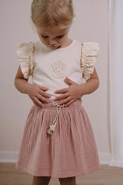 Cigit Scalloped Ethnic Pattern Appliqué Skirt Set 1-10 Years Old Ecru