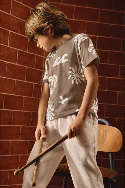 Cigit Keten Pantolonlu T-Shirt Takım 2-12 Yaş Vizon