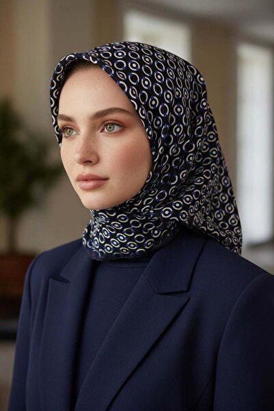 Vissona %100 Twill İpek Zincir Desenli Siyah - Saks Renkli 90x90 Eşarp Kenar ...