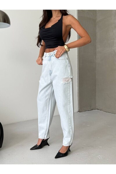HerTon Women's Light Blue 100% Cotton High Waist Slouchy Jean Pants