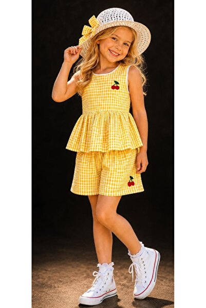 KOZADANKIDS Kız Çocuk Renkli ,Kiraz Nakışlı, Pötikare Şortlu Takım, Hediye Şa...