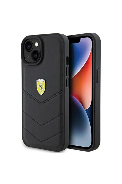 Ferrari Carcasă matlasată cu logo metalic pentru iPhone 15 - negru