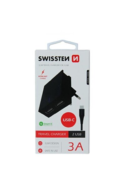 SWISSTEN Circuit integrat inteligent 2xUSB 3A+Cablu date Tip C 1.2m, Negru