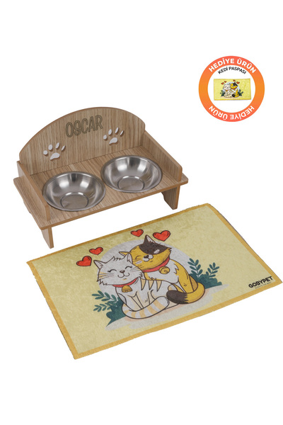 GOBYPET Ahşap Özel İsim Baskılı, Oval Kedi Köpek Mama Su Kabı Standı, Metal Suluk, Kedi Köpek Halısı