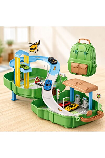 Salamandra Kids Set 2 in 1, Rucsac si Pista cu 3 Masinute Metalice si Elicopt...