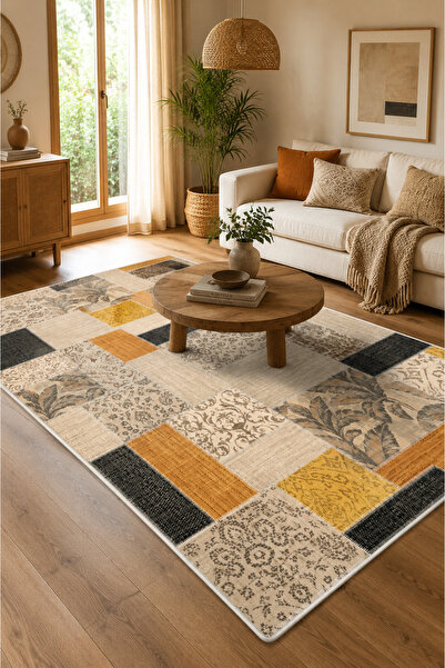 Pelura Halı Patchwork Desen Baskılı Dekoratif Kaymaz Taban Yıkanabilir Halı S...
