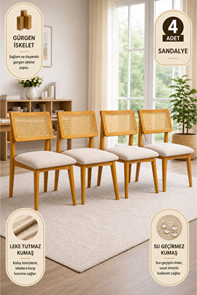 Lif Mobilya Hasır Sandalye Meşe Renk – İskandinav Tasarım (4’lü Set)