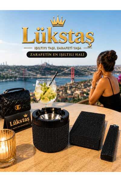 Lüks Taş Taşlı Sigara Kutusu, Çakmak ve Küllük (Uzun Slim)