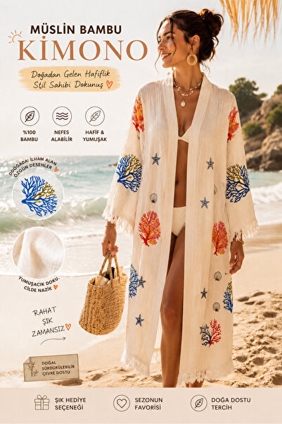Store Deniz Temalı Müslin Bambu Kimono – Kuşaklı, Hafif, Nefes Alan Plaj Kimo...
