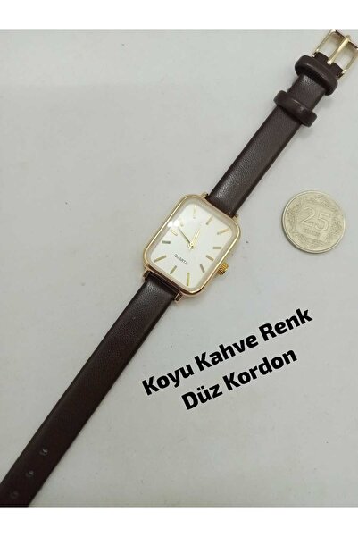 QUARTZ Vintage Dikdörtgen Model Kadın Kol Saati Retro (KOYU KAHVE RENK KORDON...